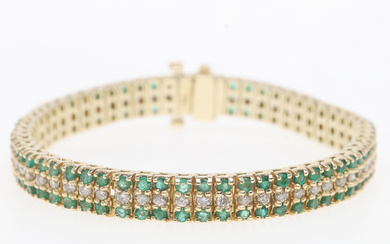 BRACELET, 14k gold, brilliant cut diamonds and emeralds.