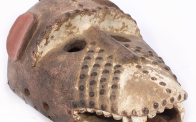 Bamana? Mali African tribal zoomorphic carved polychrome hyena mask decorated with metal studs. 12"H