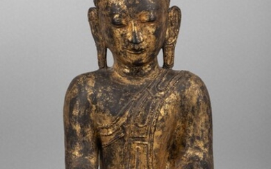 Birmanie, XIXe siècle Sculpture en laque sec, anciennement laqué et doré, représentant le Bouddha, dont...