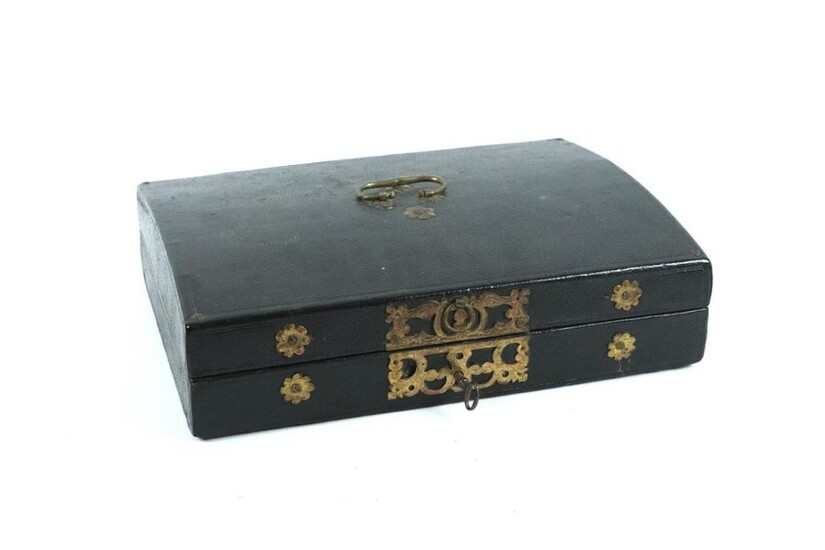 Black leather messenger case, gold metal ornamentation.