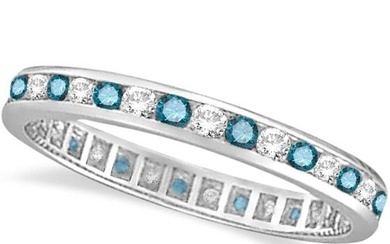 Blue and White Diamond Channel Set Eternity Ring Band 14k Gold 1.00ctw