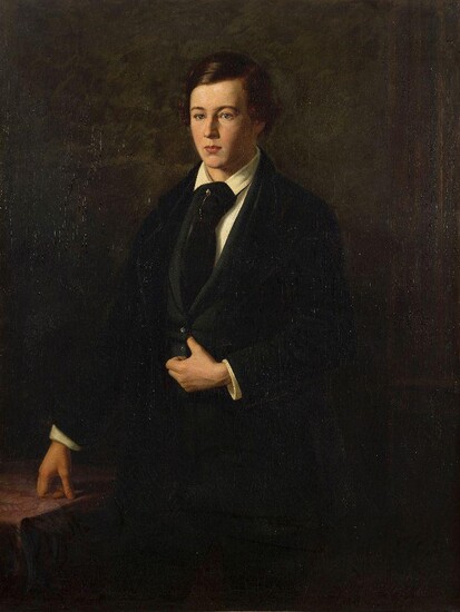British School, mid 19th century- Portrait of a gentleman, standing three-quarter length, in an interior and leaning on a table; oil on canvas, 130.2 x 100.8 cm. Provenance: Private Collection, UK (by descent).