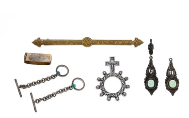 Brooch, tie clip, earrings, cufflinks and rosary, late 19th century - early 20th century.