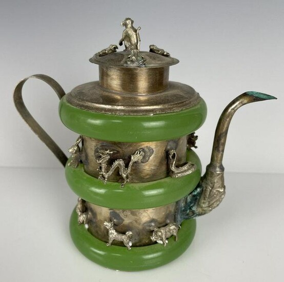 CHINESE CLAD SILVER AND JADITE TEA POT