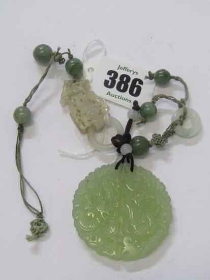 CHINESE JADE PENDANT, with mixed jade beads on silk runner