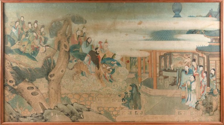 CHINESE PAINTING ON PAPER Depicting a noble family being visited by a host of Immortals. 36" x 65". Framed.
