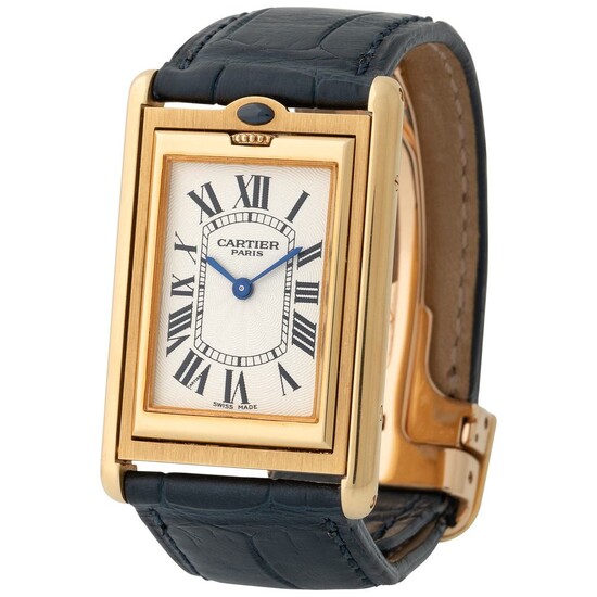 Cartier. Limited Edition and Elegant Réversible Basculante Rectangular-shape Wristwatch in Yellow Gold, Reference 2391, With Cabriolet System