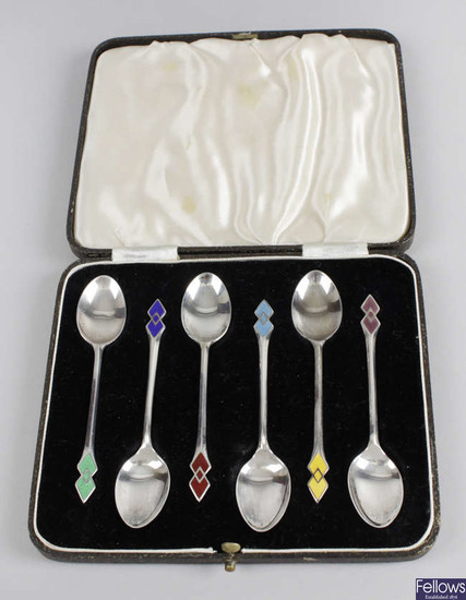 Cased enamel spoons, cased Swedish spoons, plus three George III teaspoons, two mustard spoons & a Victorian fruit knife.