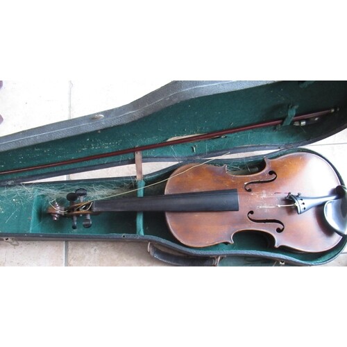 Cased violin and bow (A/F) with two piece back