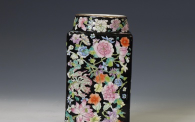 China, a black-ground famille rose porcelain 'millefleurs' cong vase, 19th century