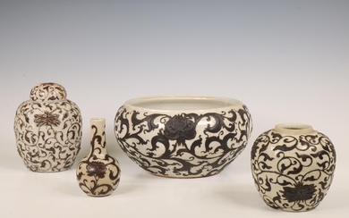 China, a small collection of crackle-glazed 'lotus' vases and bowls, 19th century