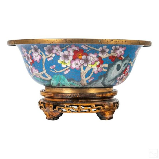 Chinese Cloisonne Centerpiece Bowl & Wooden Stand