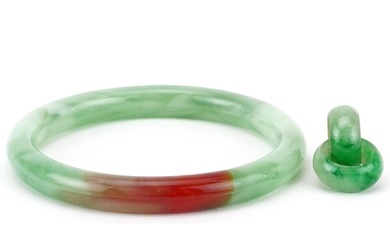 Chinese green jade bangle and pendant with unmarked gold mou...