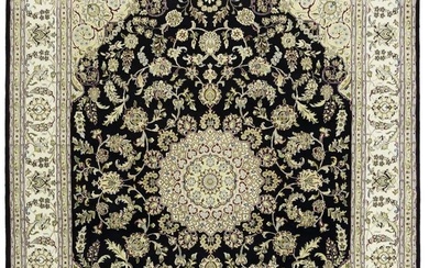 Classic Floral Large Hand-Knotted Black 8X10 Oriental Rug Decor Indo-Nain Carpet