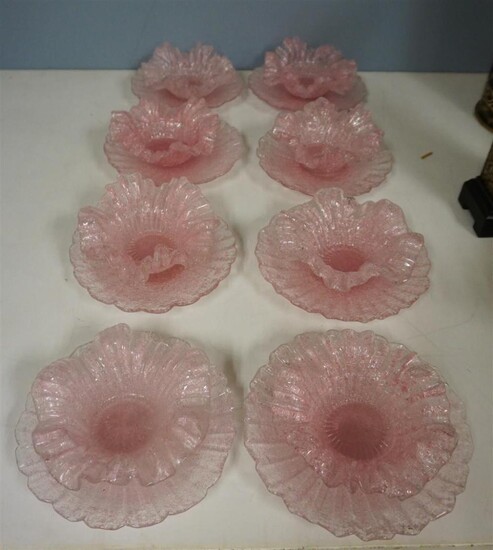 Collection of Eight Pink Speckle Glass Dessert Bowls and Eight Undertrays