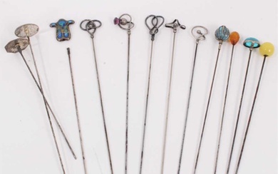 Collection of twelve vintage hat pins including five silver pins by Charles Horner, three enamelled pins and four set with gem stones/ beads