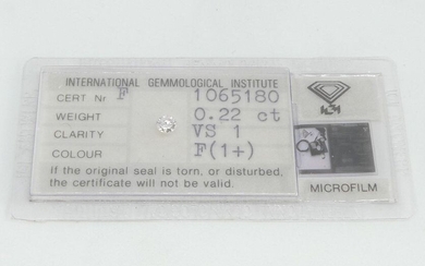 DIAMOND under seal. Weight 0.22 ct. Purity VS1 color F