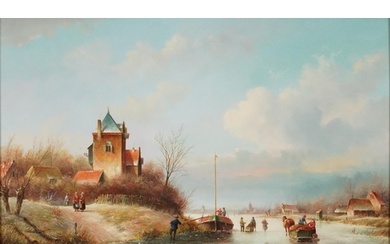 Dutch winter landscape with windmill in the distance, 19th c...