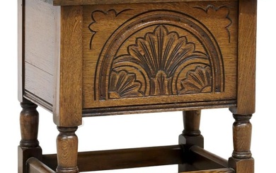 ENGLISH JACOBEAN STYLE CARVED OAK LIFT-TOP STOOL