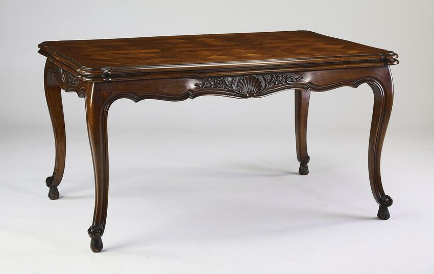 Early 20th c. French parquetry inlaid draw leaf table