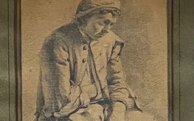 École Française du XIXème siècle : Jeune homme assis Dessin au crayon noir, 19 x14...