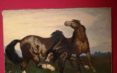 Ecole du XIXème siècle Deux chevaux Toile 73 x 94 cm (Réentoilée, restaurations et repeints)...
