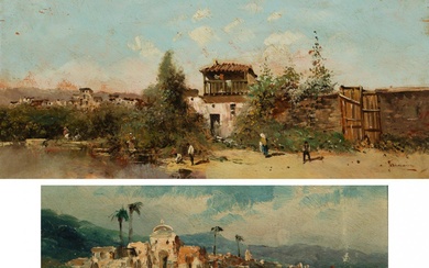 École espagnole ; fin du XIXe siècle. "Paysages". Peintures à l'huile sur panneaux. Signée en...