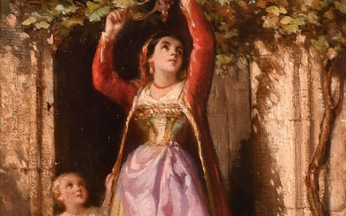École italienne du 19e siècle. Une mère et son enfant cueillant des raisins, Huile sur...