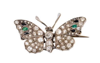 Edwardian diamond emerald and black onyx butterfly brooch