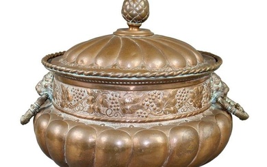 Embossed copper lidded pot