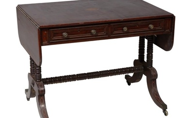 English Regency Inlaid Mahogany Sofa Table, early 19th c., H.- 28 3/4 in., W.- Closed- 37 in., W.