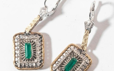 Estate 14K Gold Diamond and Emerald Earrings