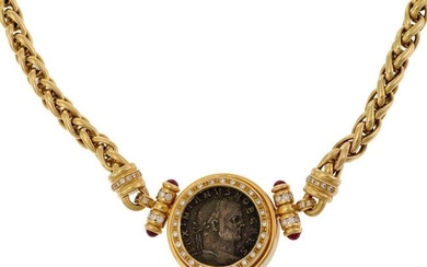 Estate 2ct Diamond Ruby 18k Gold Galerio Bronze Roman Coin Pendant Necklace