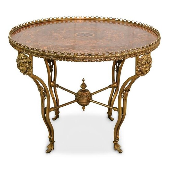 European Bronze & Marquetry Inlay Wood Table