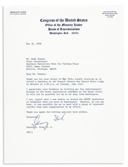 FORD, GERALD R. Typed Letter Signed, as Representative