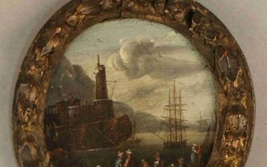 FRENCH SCHOOL circa 1800 Port at the lighthouse animated by Turkish merchants Small oil on oval panel, gilded carved wood frame. Height : 10,5 cm