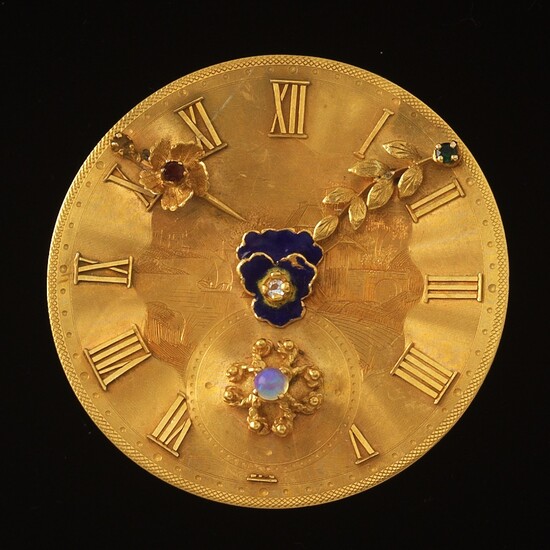 Fancy Gold Watch Face with Gem Ornaments Brooch Pendant