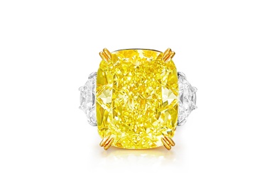 Fancy Vivid Yellow Diamond and Diamond Ring | 36.25克拉艷彩黃色鑽石 配 1.63及1.47克拉 鑽石戒指