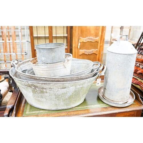 Five galvanised containers and a chicken feeder, largest 84c...