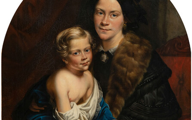 Flavie Gautier met haar zoon Leon Van Overstraeten, 1855. Doek, bovenaan afgerond. Getekend en gedateerd 'C. Mathieu/