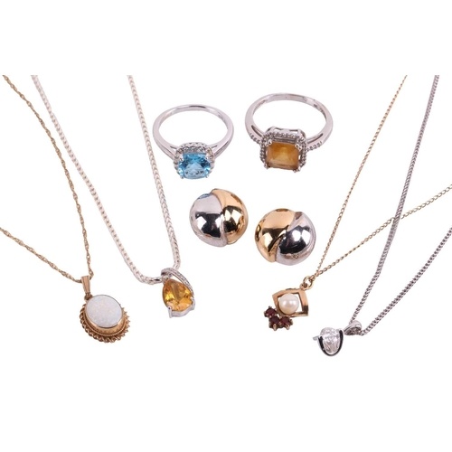 Four gem-set pendants, two dress rings and a pair of earring...