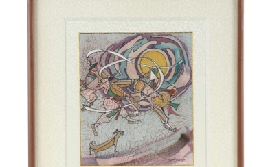 Framed Batik Textile Painting of Figures with a Dog, 1987