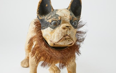 French Papier Mâché Growler Bobble Head Bulldog Pull Toy Late 19th century