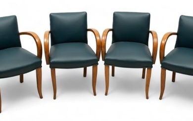 French Style Maple & Blue Leather Bridge Chairs, Ca. 1930, H 31" W 22" Depth 19" 4 pcs