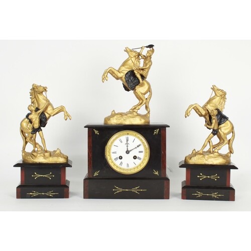 French black slate and red marble two train mantel clock gar...