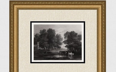 GAINSBOROUGH 1800s Engraving "English Landscape with Cattle" Framed Signed