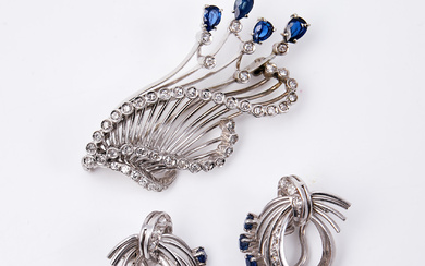 GARNITYR, 3 pieces, Earrings and brooch, 18k white gold, synthetic sapphires and diamonds, foreign stamps.