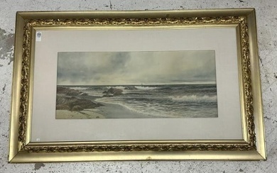 George Howell Gay (1858 - 1931) large seascape watercolor with waves crashing, in period gold frame.