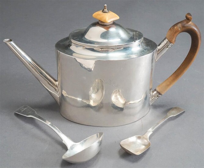George III Silver Teapot, Samuel Godbehere & Edward Wigan, London, 1798 and English Silver Ladle and Tea Caddy Spoon, 15.7 gross oz