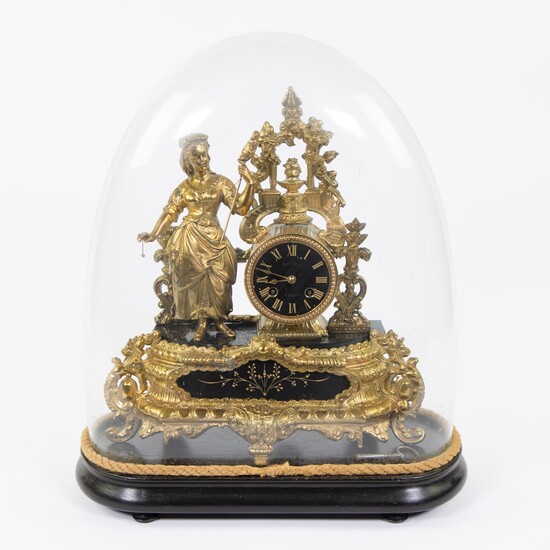Gilded mantel clock under bell jar depicting an elegant lady, marked on the dial Brunnee à Tarare